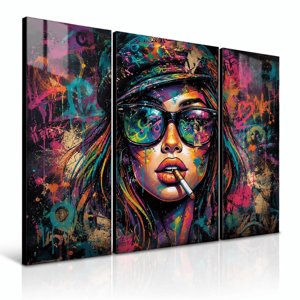 Kit 3 Quadros Decorativos Mulher Grafite Colorido Arte Urbana Moderna para Sala Quarto e Estúdio