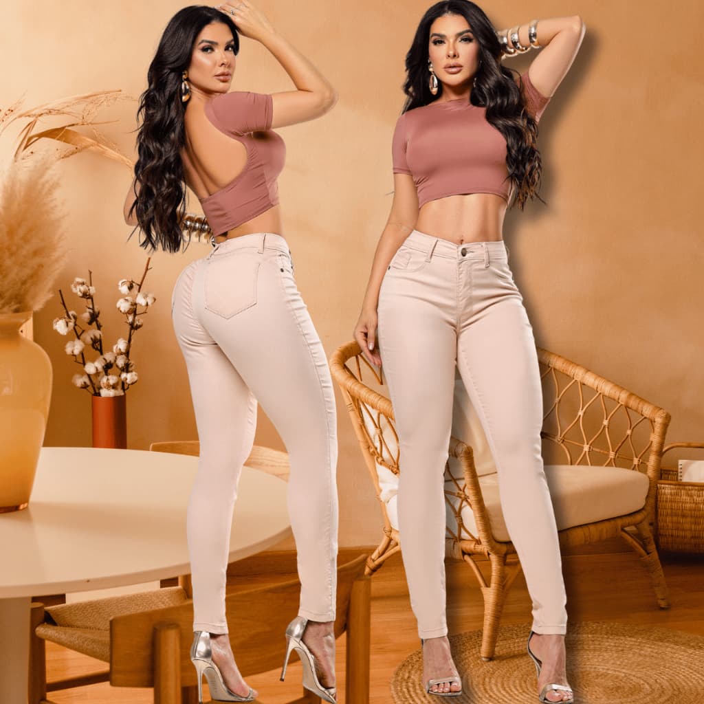 Calça Feminina Delicada Jeans Skinny nude Elastano Cintura Alta Efeito Levanta Bumbum Perfeita