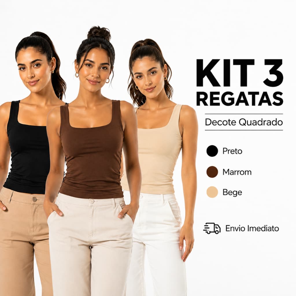 Kit 3 Regata Blusa Regata Decote Quadrado Reta Suplex Premium Liso Verão Moda Modela Corpo