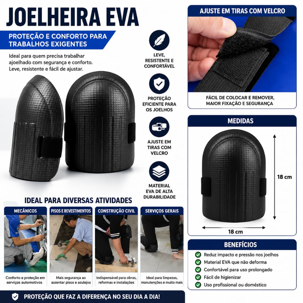 Joelheira De Protecao Par Multiuso Preta Resistente Construção Civil Assentar Piso Protege O Joelho