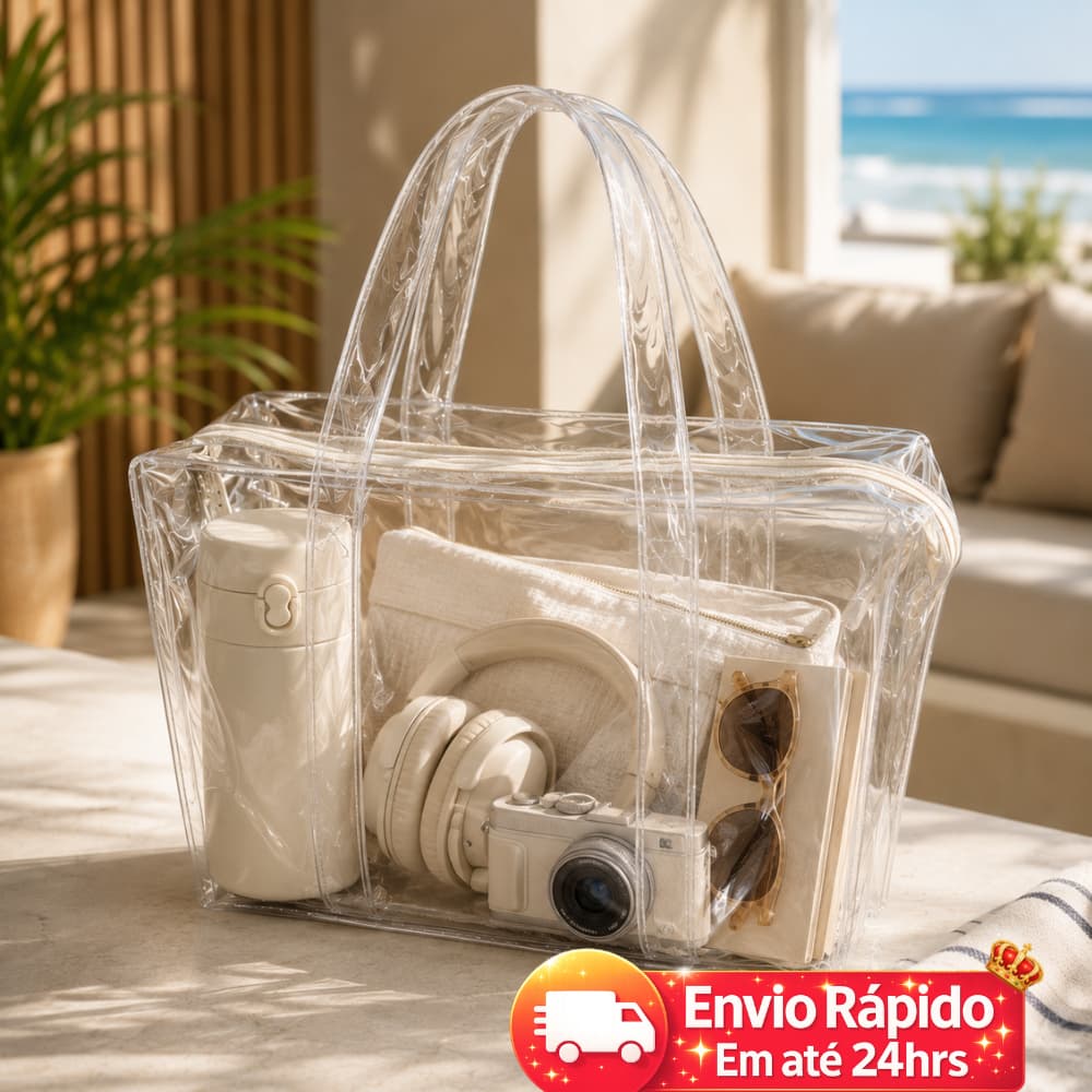 Bolsa Transparente Grande Praia Piscina Clube Viagem Impermeável com Zíper