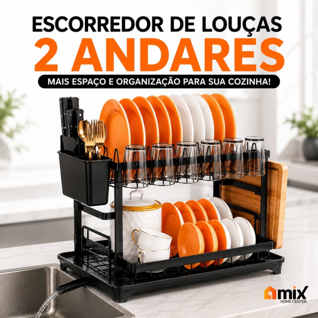 Escorredor de Louças 2 Andares Preto Bandeja Coletora Dreno 360° Porta Talheres Suporte Tábua