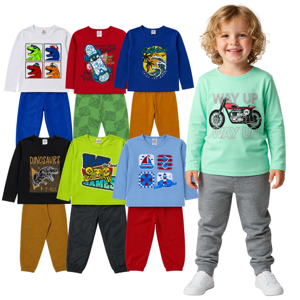 Kit 4 ou 6 Peças 2 ou 3 Conjunto Roupa Infantil Menino Manga Longa Masculino Blusa + Calça