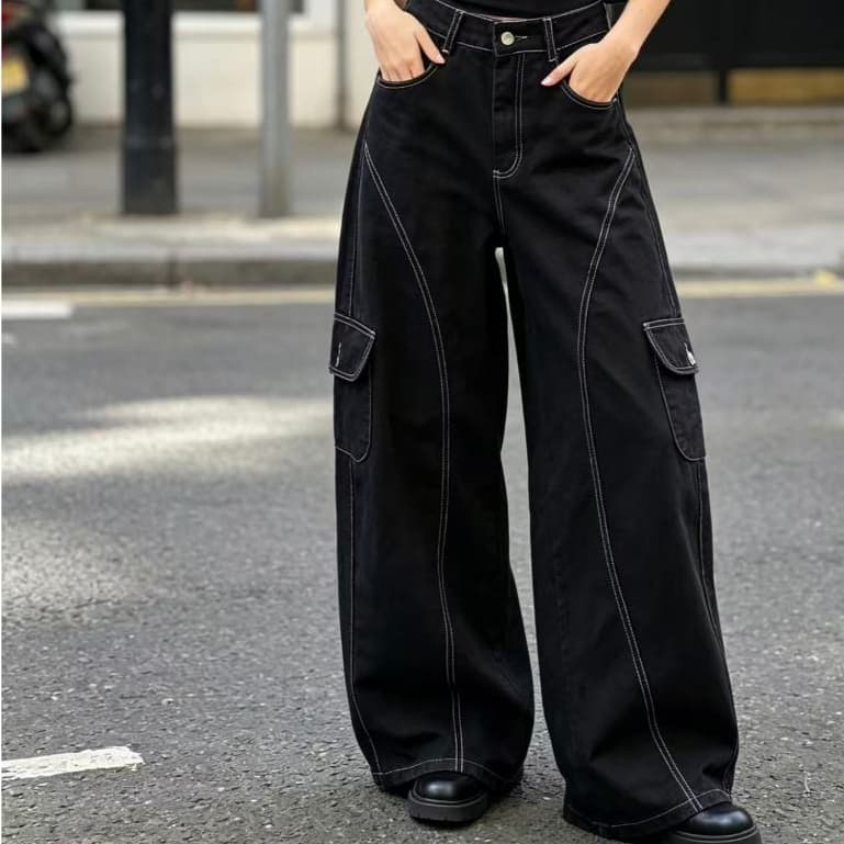 Calça Jeans Balão Calça Cargo femininas Calça Boca bem Larga Estilosa bem largo Moda 100% Algodão