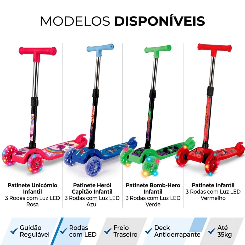 Patinete Infantil 3 Rodas Com Rodas LED Antiderrapante Guidão Regulável Até 35kg