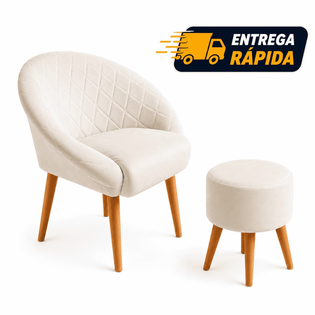 Kit Poltrona Puff Ibiza Estofado Aveludado Capitonê Losango Pés Palito Madeira Sala Jantar Estar Quarto