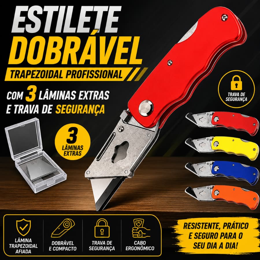 Estilete Profissional Trapezoidal: Dobrável, Seguro e Com Lâminas