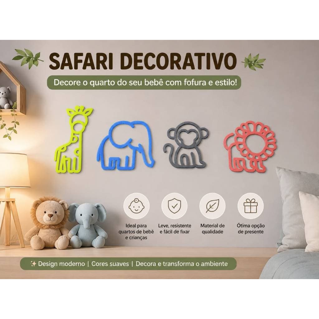 Kit Decoração Safari Quarto de Bebê | Girafa Elefante Macaco Leão | Enfeite de Parede Infantil 3D