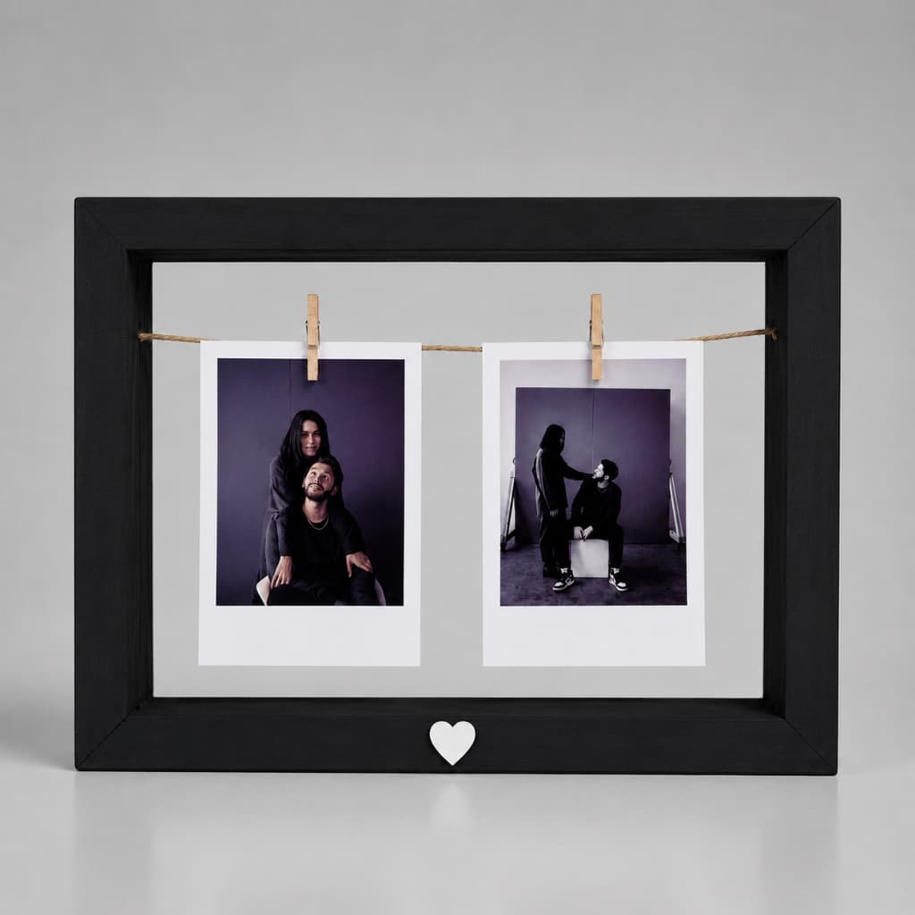Porta Retrato Preto com Coração Branco Casal com Fotos Impressas Presente Especial Amigo Mãe Pai