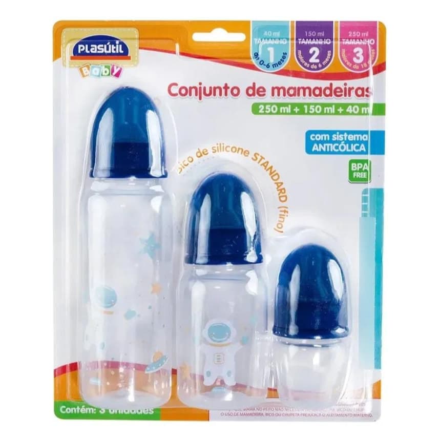Kit Mamadeiras Plasútil Baby 40ml 150ml 250ml Anticólica Com Tampa Antivazamento