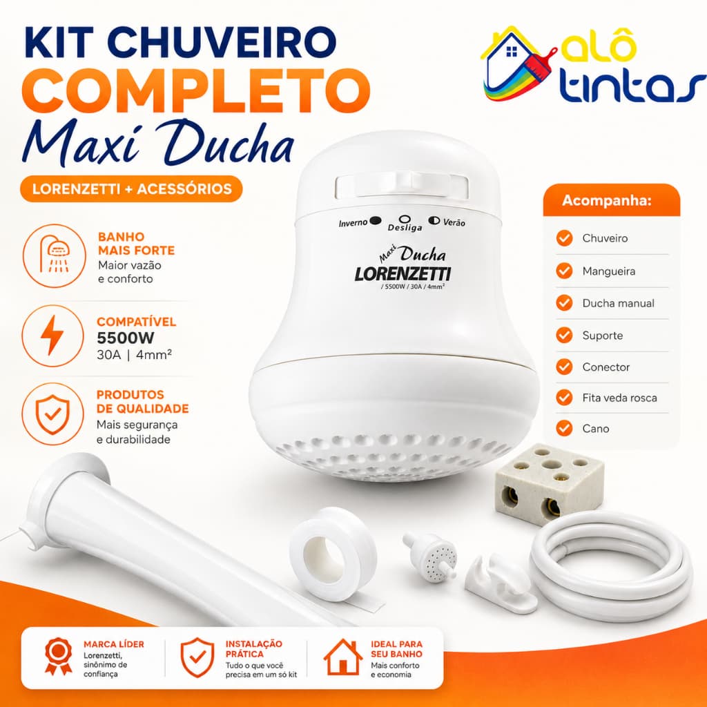 Kit Chuveiro Elétrico Maxi Ducha Lorenzetti 5500W 127V com Ducha Manual, Suporte e Conector