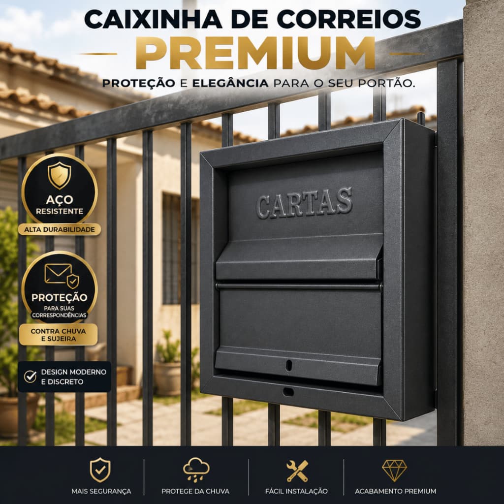 Caixinha de Correios Premium Aço para Portão Caixa de Carta Residencial Antiferrugem Preta