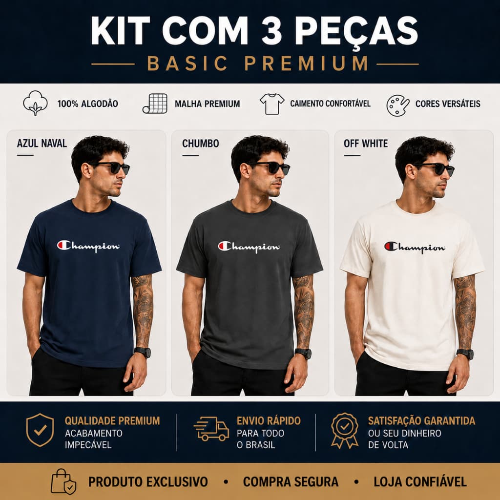Kit 3 Camisetas Basic Champion Premium 30.1 100% Algodão