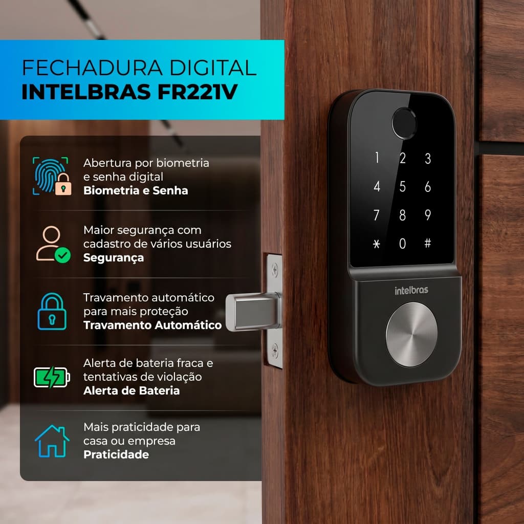 Fechadura Digital Intelbras FR221V Embutir Touch Biometria Senha Chave USB-C Preta Porta Madeira