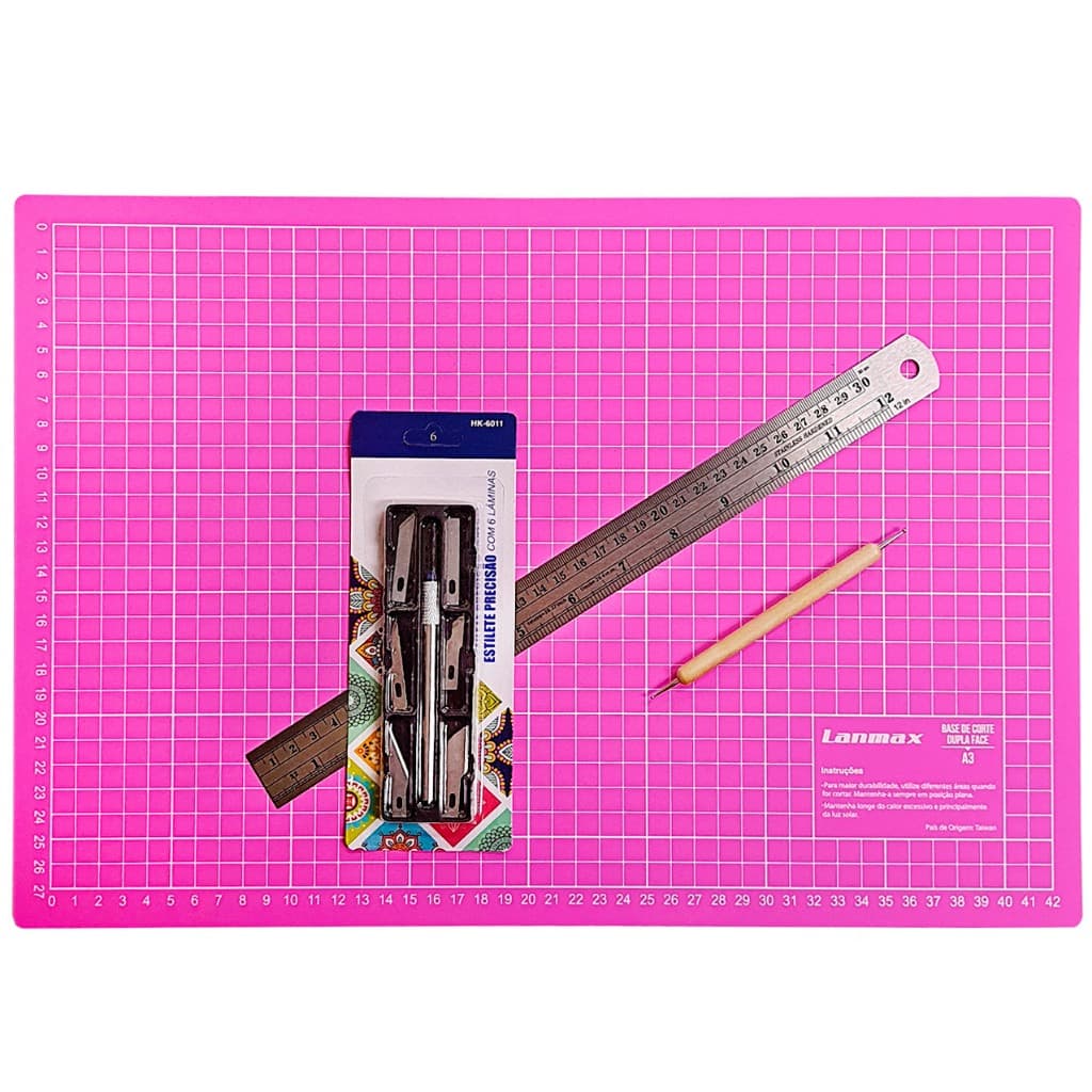 Base Corte A3 30x45 - Régua Aço 30CM - Bisturi Com 6 Lâminas Extras + Boleador Para Vincar Papel E Papelão
