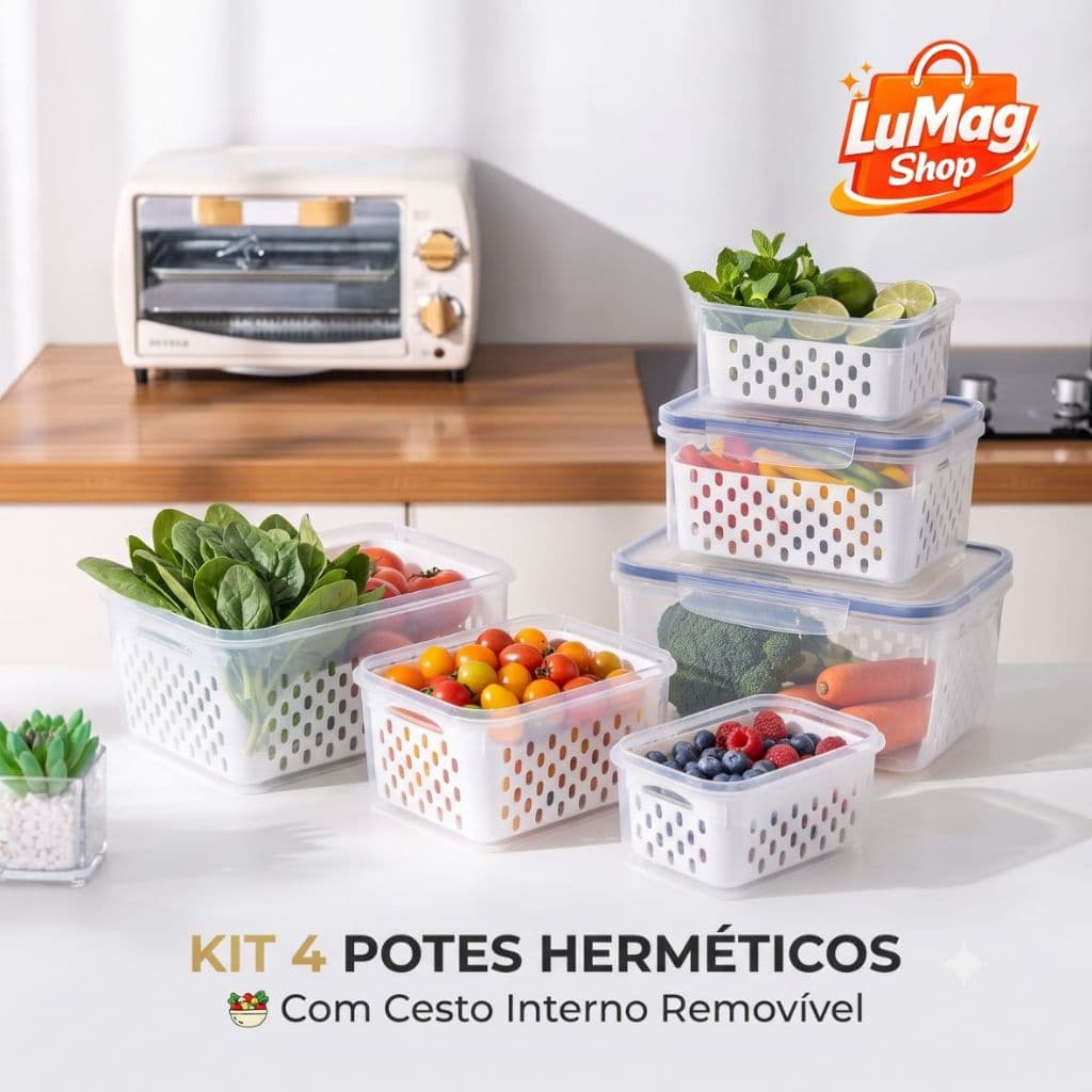 Kit 3 Potes Herméticos com Cesto Interno Organizador Tampa Vedada Empilhável 850ml 1750ml 3300ml