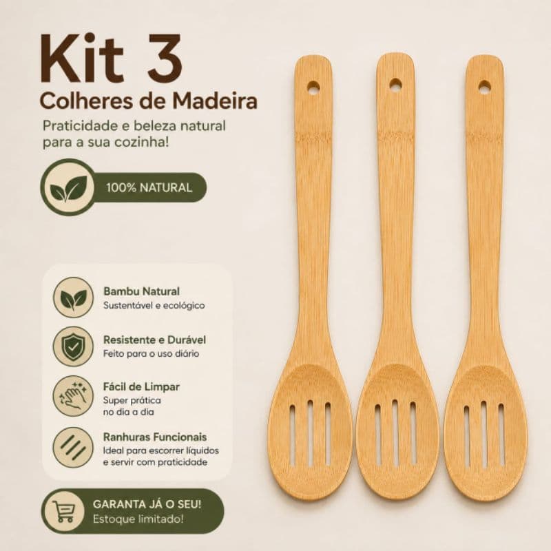 Kit 3 Colheres de Madeira 30cm | Colher de Pau Grande | Utensílio de Cozinha Madeira Natural