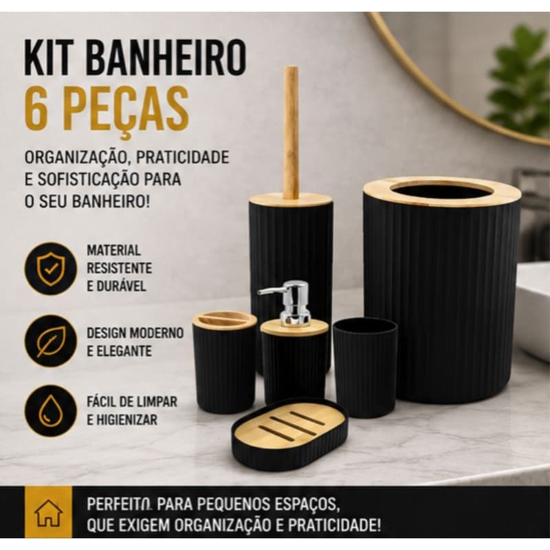 Kit Banheiro Preto 6 Peças com Bambu Completo Organizador Porta Sabonete Lixeira Escova Sanitária