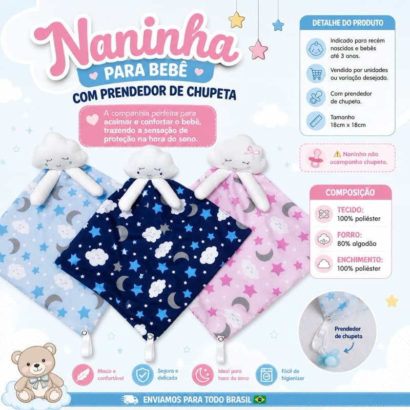 Naninha para Bebê com Prendedor de Chupeta 18x18cm Nuvem Macia Recém-Nascido