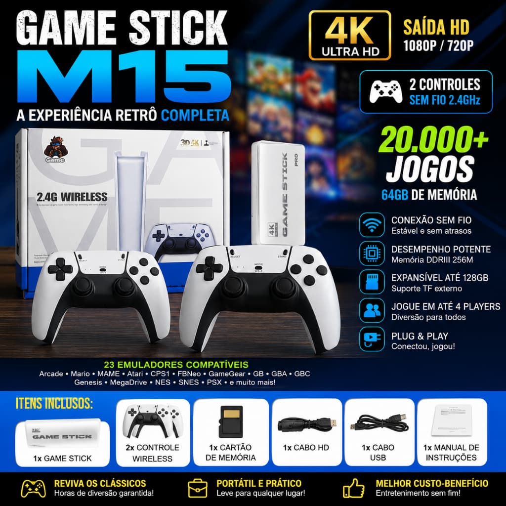 Console 2026 Retrô Game Stick M15 4K 64GB 20 Mil Jogos 2 Controles Sem Fio HDMI Desbloqueado