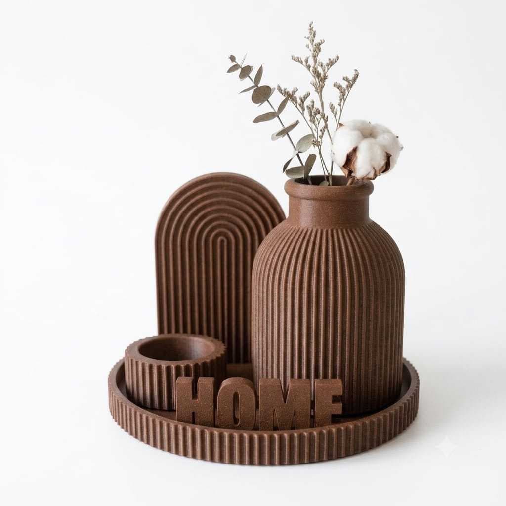 Kit Decorativo Home Vaso Canelado Centro de Mesa Bandeja Decorativa Minimalista Moderno Sala Quarto