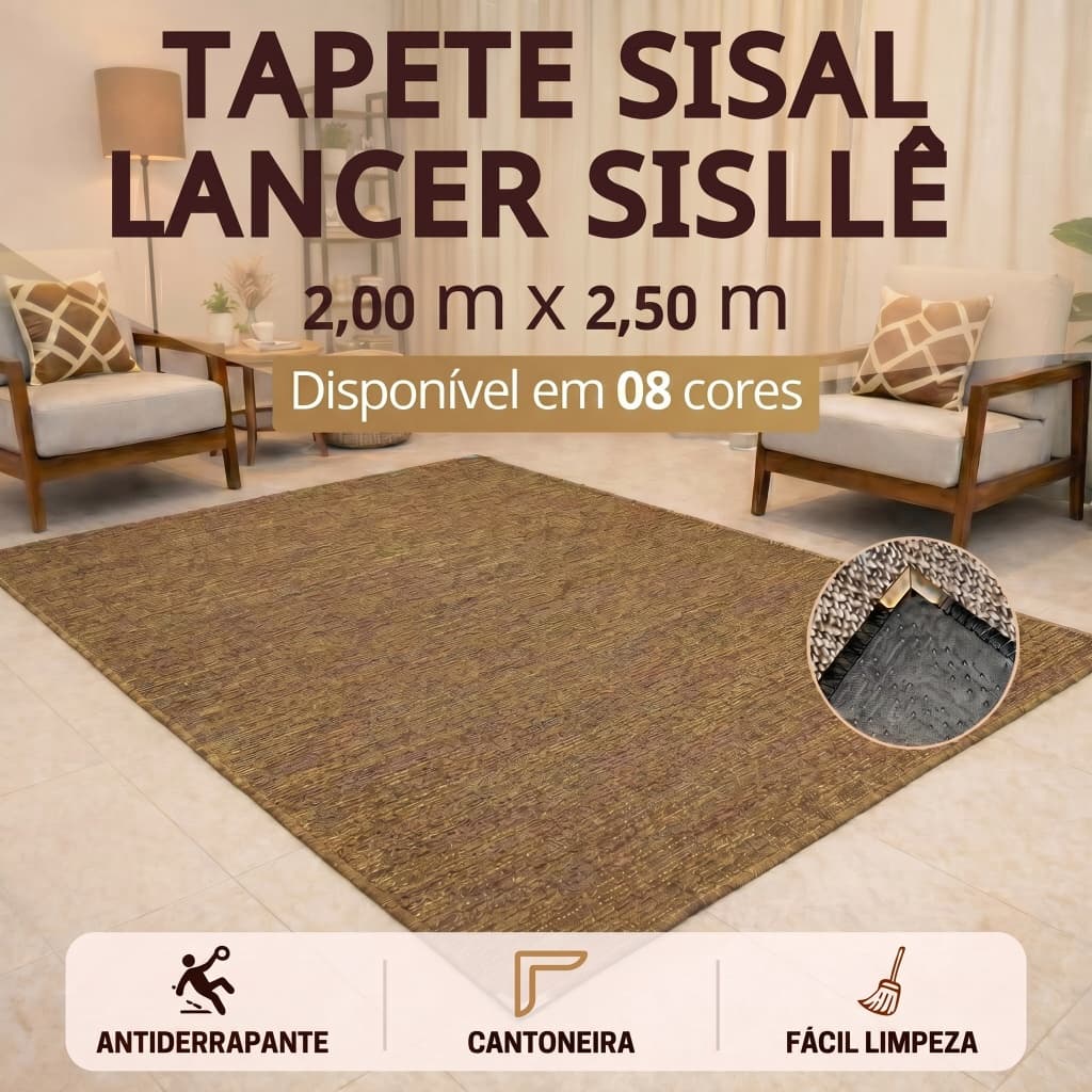 Tapete Sisal 200x250 cm Lancer Sisllê Antiderrapante Cantoneira Aço Cromado Sala Quarto