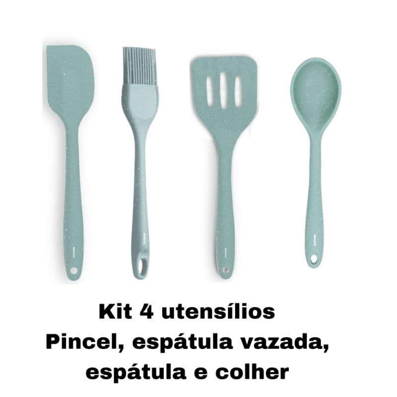 Kit Brinox Utensílios de Cozinha Verde - Colher, Espátula, Espátula vazada e Pincel