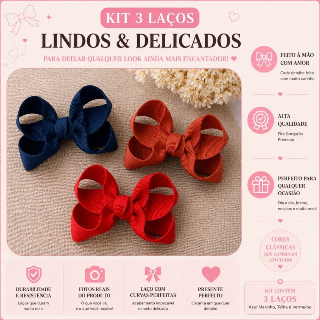 Kit 3 Laços Infantil Premium | Azul Marinho, Terracota e Vermelho
