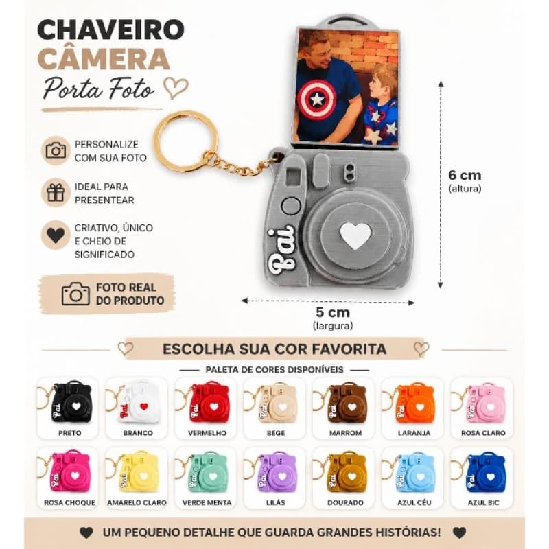 Chaveiro Câmera Personalizado com Foto + Saquinho Presente Dia dos Pais Lembrança Criativa Impressão Fotográfica 3D