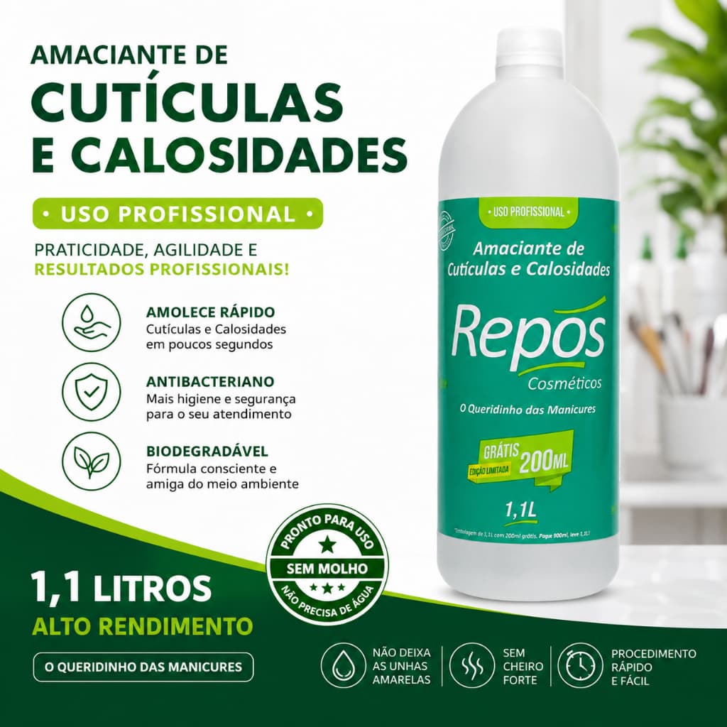 Amaciante de Cutículas e Calosidades Repos 1,1L Profissional Removedor Sem Água Antibacteriano Biodegradável