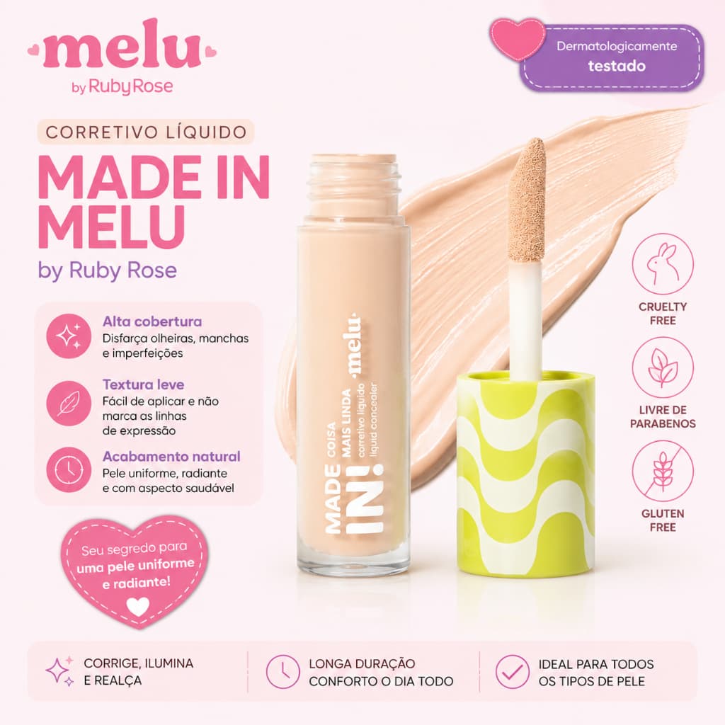 Corretivo Made In Melu Ruby Rose ✨ Alta Cobertura e Acabamento Natural