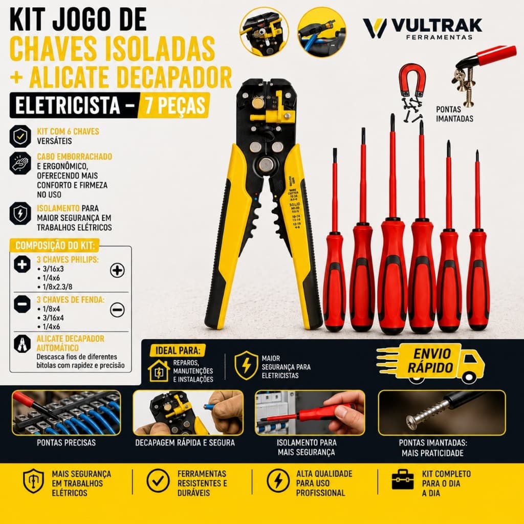 Chave Fenda Imantada e Alicate Decapador Kit Descascador Crimpador
