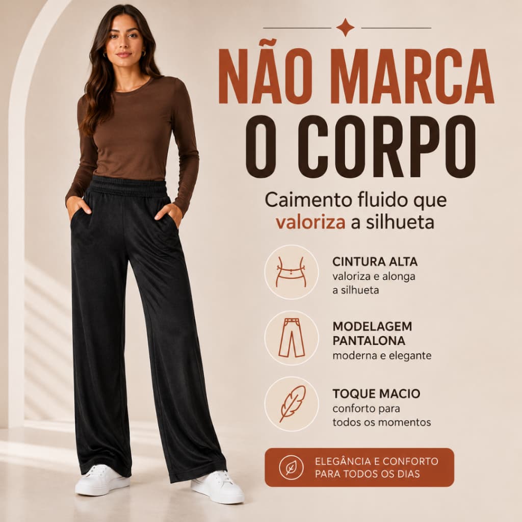 Calça Feminina Pantalona Wide Leg em Plush Tendência Inverno