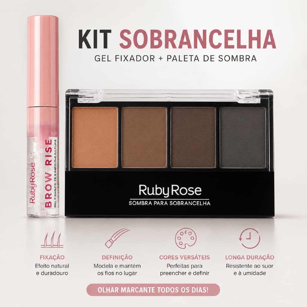 Kit quarteto de sombras Ruby Rose  + Gel Incolor para sobrancelhas Brow Rise Ruby Rose