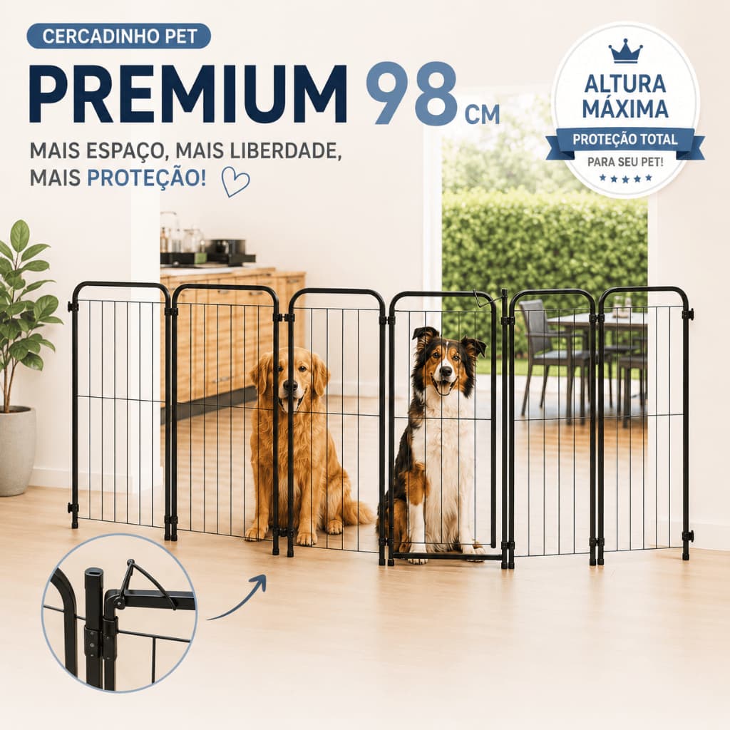 Cercado Pet com Portão 98cm em Aço Dobrável | Grade de Segurança para Cachorro | Cercadinho Modular Preto e Branco