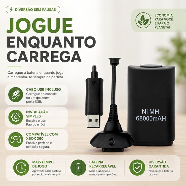 Bateria Controle Xbox 360 Recarregável Com Cabo Carregador Kit Play And Charge Sem Fio