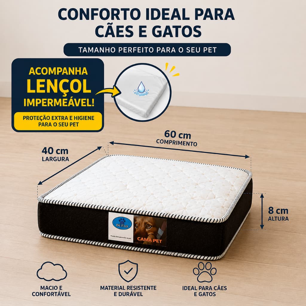 Cama Pet Colchão para Cachorro e Gato 60x40x8cm Confortável + Lençol Impermeável+espuma ortopedica