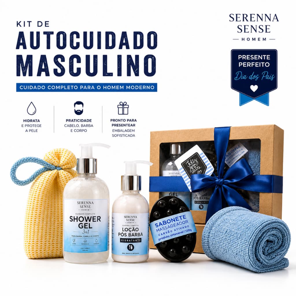 Kit Autocuidado Masculino Dia dos Pais 5 Peças Shower Gel, Loção Pós Barba, Sabonete Massageador, Toalha Fitness, Bucha