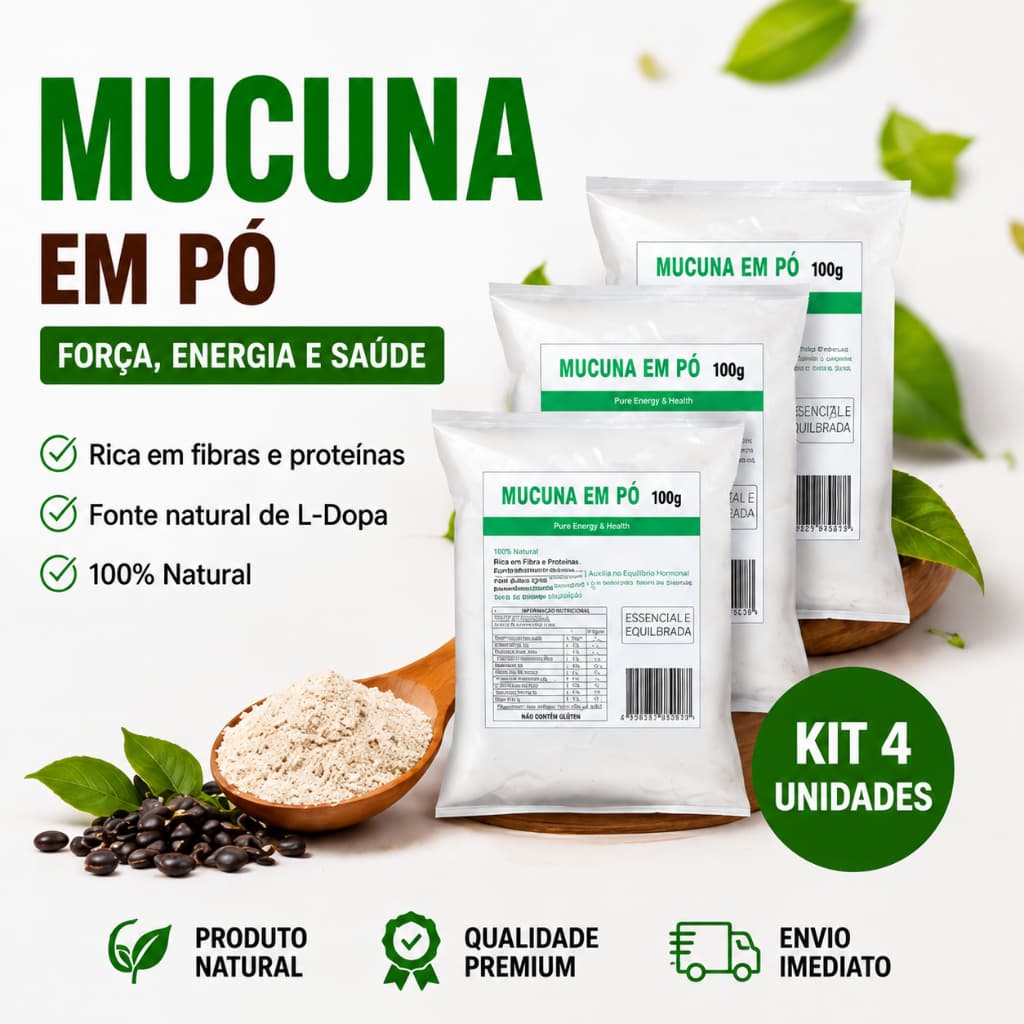 Mucuna em pó 100g kit 4 unidades Rica em fibras e proteínas