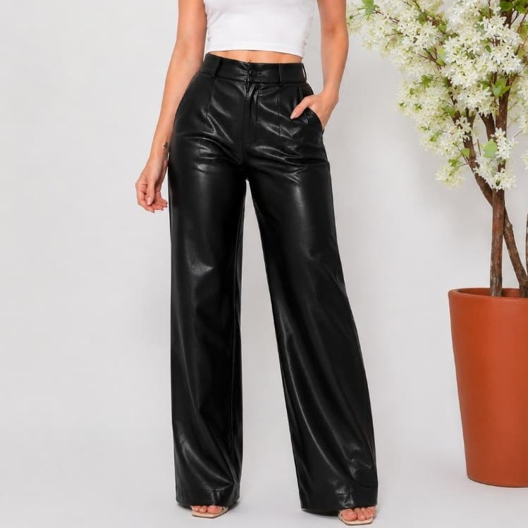 Calça Couro Fake Feminina Pantalona Wide Leg Social Cintura Alta