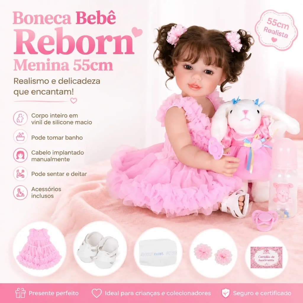 Boneca Bebê Reborn Menina 55cm Pode Tomar Banho Realista