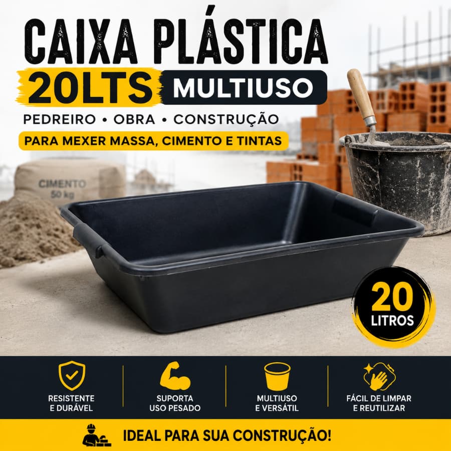 Caixa Plástica Para Massa Retangular Obras Areia Gato Multiuso Reforçada 20LT