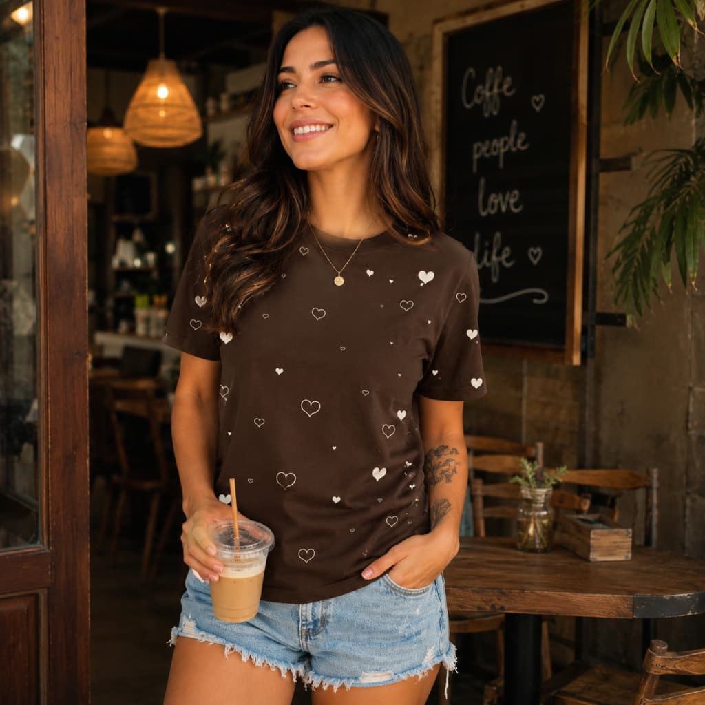 Camiseta Feminina T-Shirt Blusa 100% Algodão Premium Estampada Coração Casual Moda Feminina