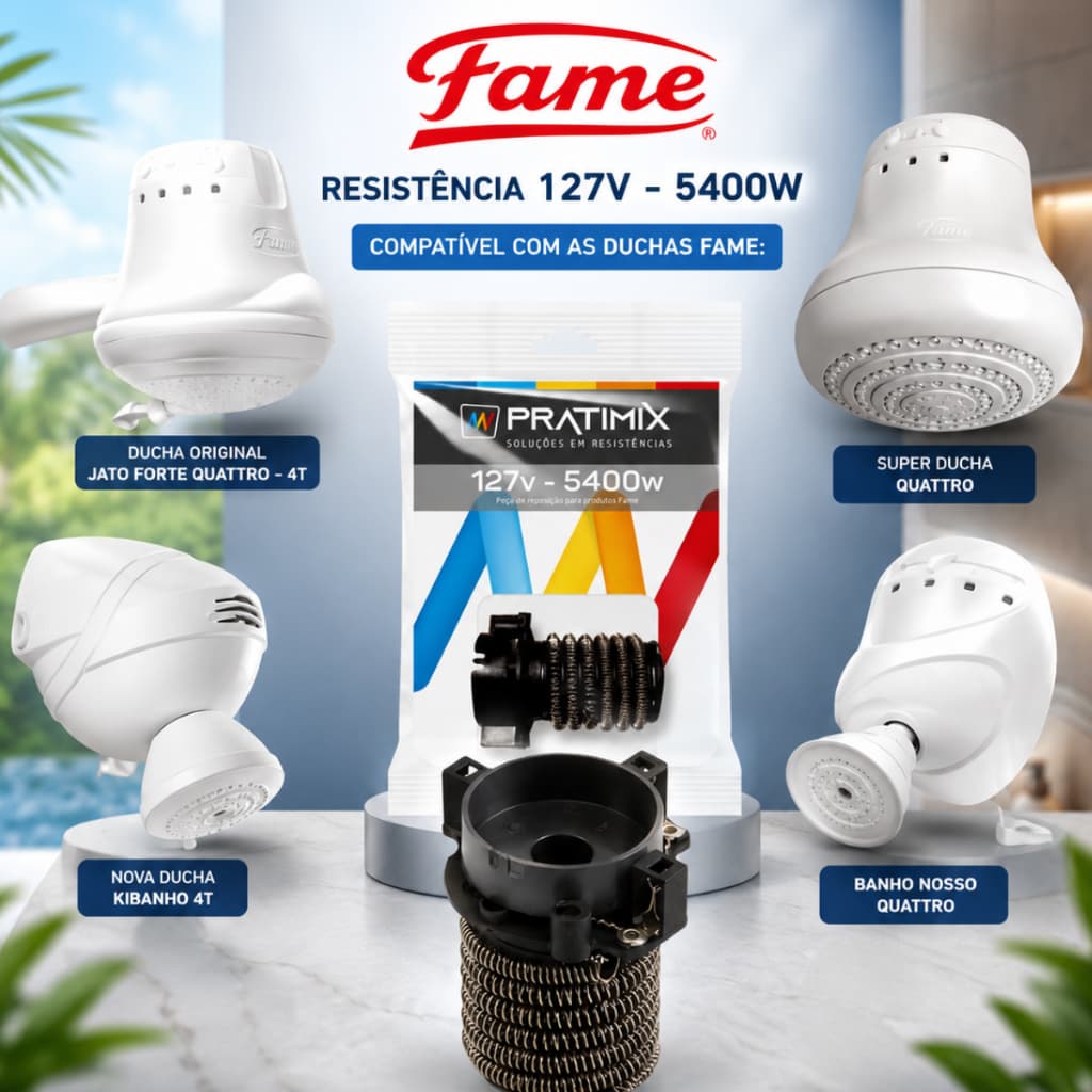 Resistência Ducha Fame Nova Ducha Kibanho 4T 127V 5400W Super Ducha Quattro Banho Nosso FQK0154