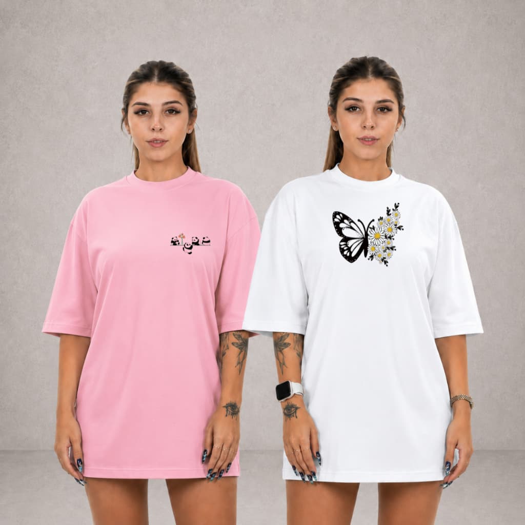 ° Kit 2 Camisetas Blusa Feminina Plus Estanpa Borboleta  T- Shirt 100% algodão Premium Conforto Moda