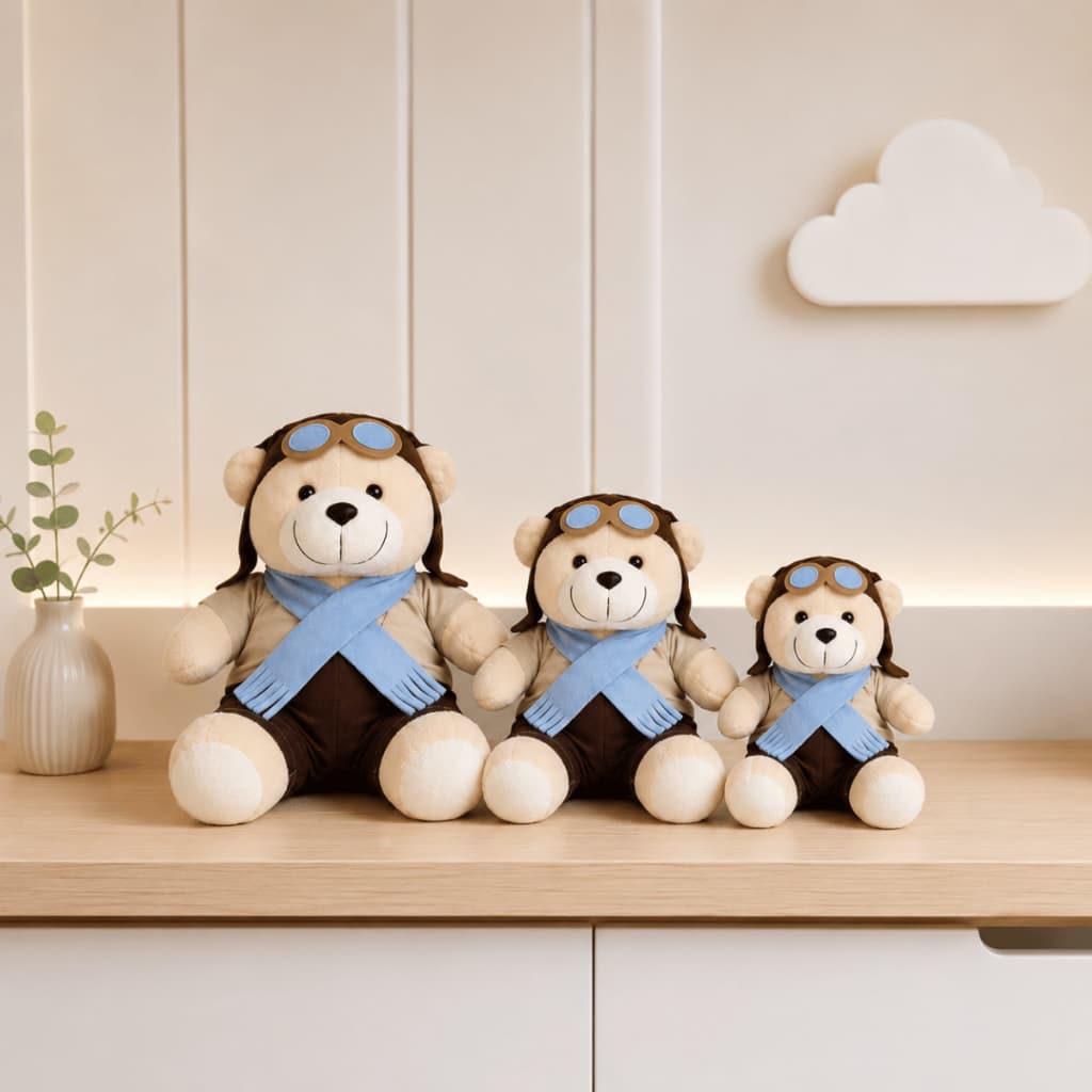 Trio Ursinho de Pelúcia Aviador Para Nicho Decoração Quarto de Bebê
