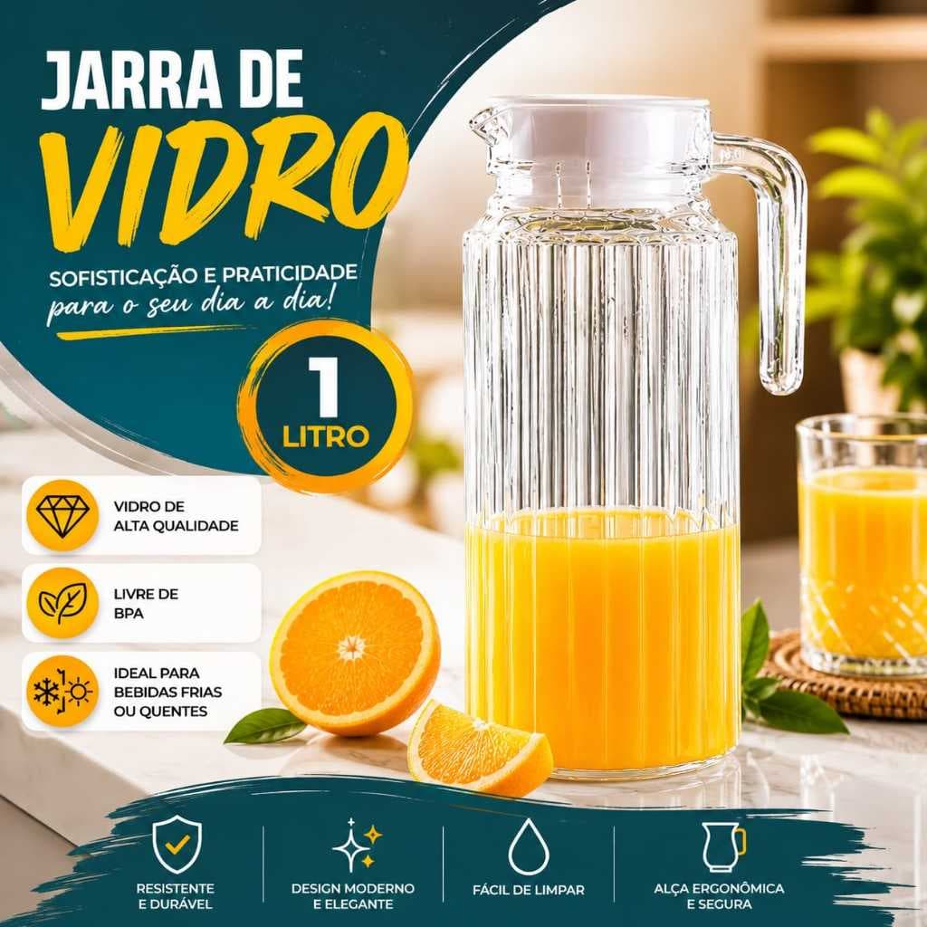 Jarra de Vidro De Alta Qualidade  Para Cozinha Agua Sucos 1 Litro  Bebidas Quentes Frias  Jarra De Vidro