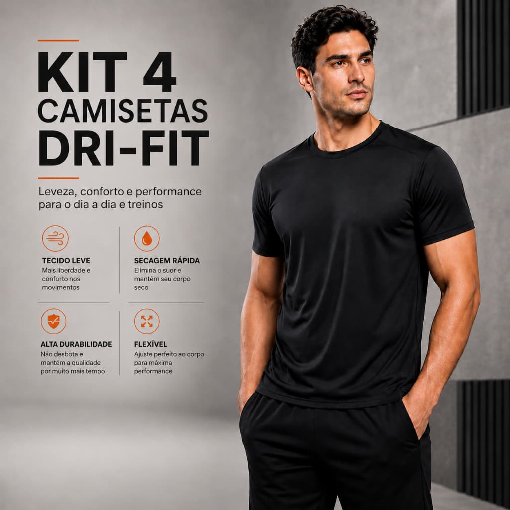 Kit 4 Camisetas Dry Fit Masculina Leve e Respirável Ideal para Academia, Corrida, Esportes, Treinos