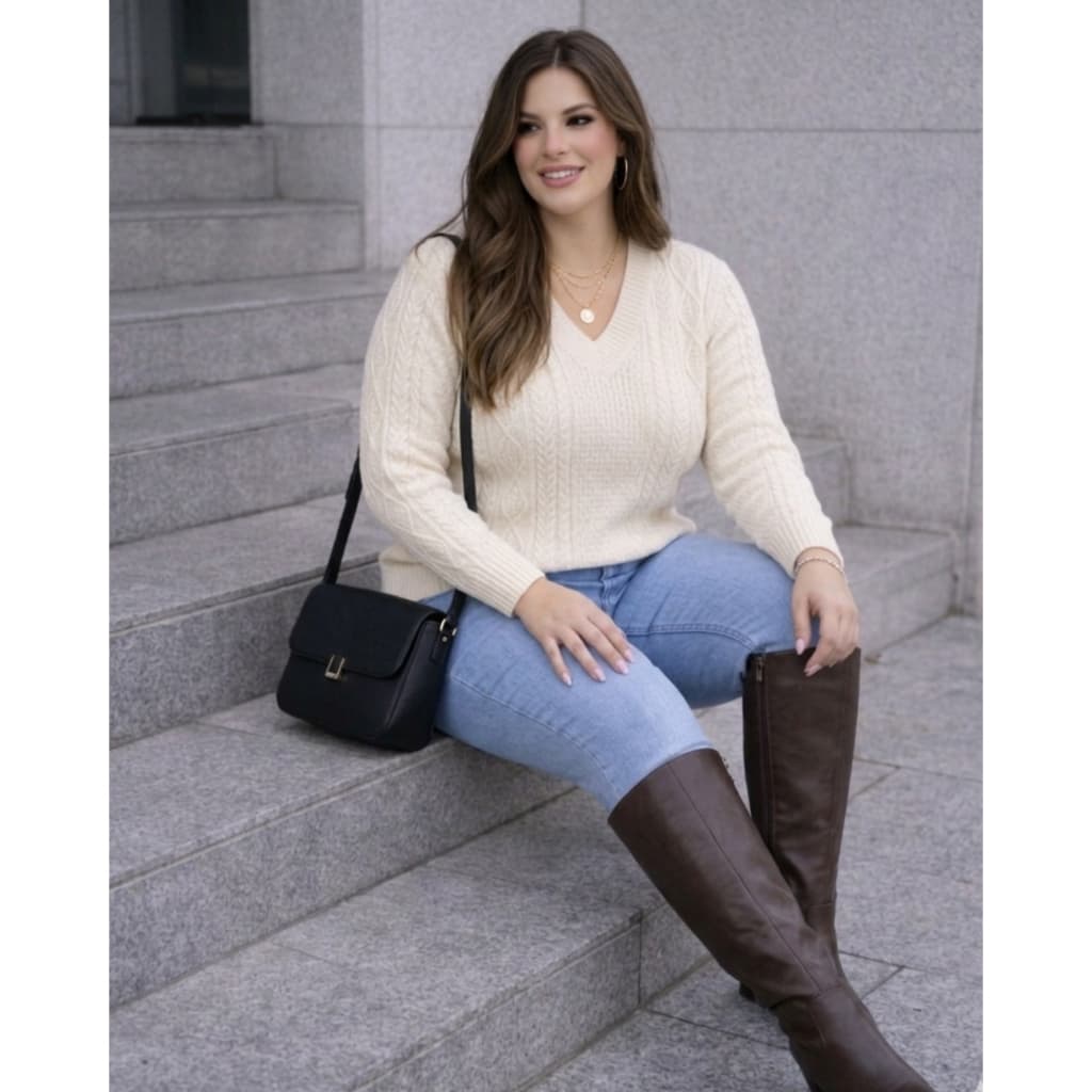 Blusa Modal Tricot Plus Size Trabalhada Decote V Tendência