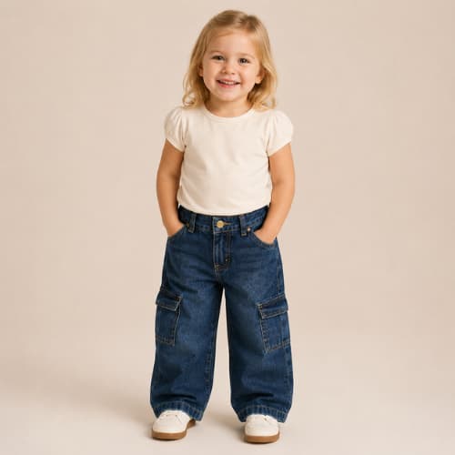 CALÇA LORDAN JEANS PREMIUM INFANTIL DE BEBÊ MENINA WIDE CARGO 01 AO 03 COM MUITO ESTILO